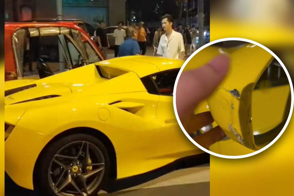 People on mainland social media have heaped praise on the young driver of a sports car who only asked for a tiny amount of compensation from an elderly tricycle rider who scratched the US$620,000 Ferrari he was driving. Photo: SCMP composite/Weibo
