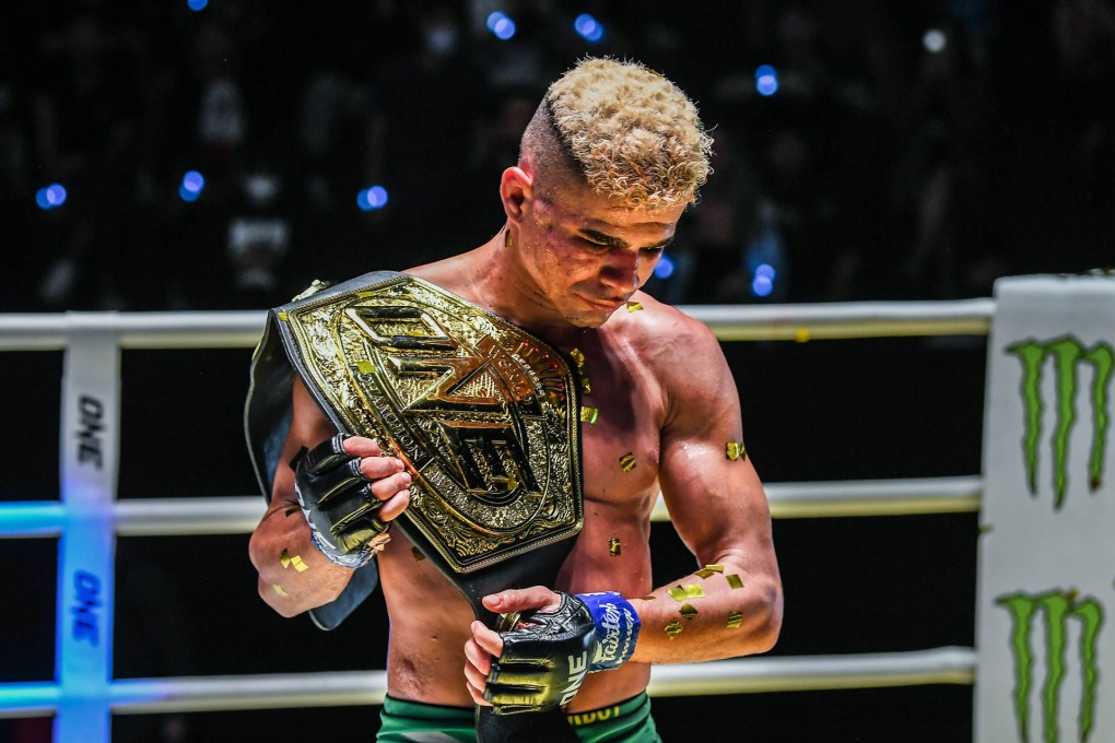 Fabricio Andrade reacts after winning the ONE bantamweight MMA title with a stoppage of John Lineker. Photos: ONE Championship.