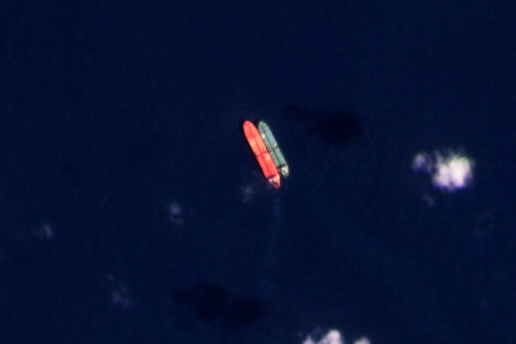 A satellite photo of vessels identified as the Virgo, left, and the Suez Rajan in the South China Sea on February 13, 2022. File photo: AP
