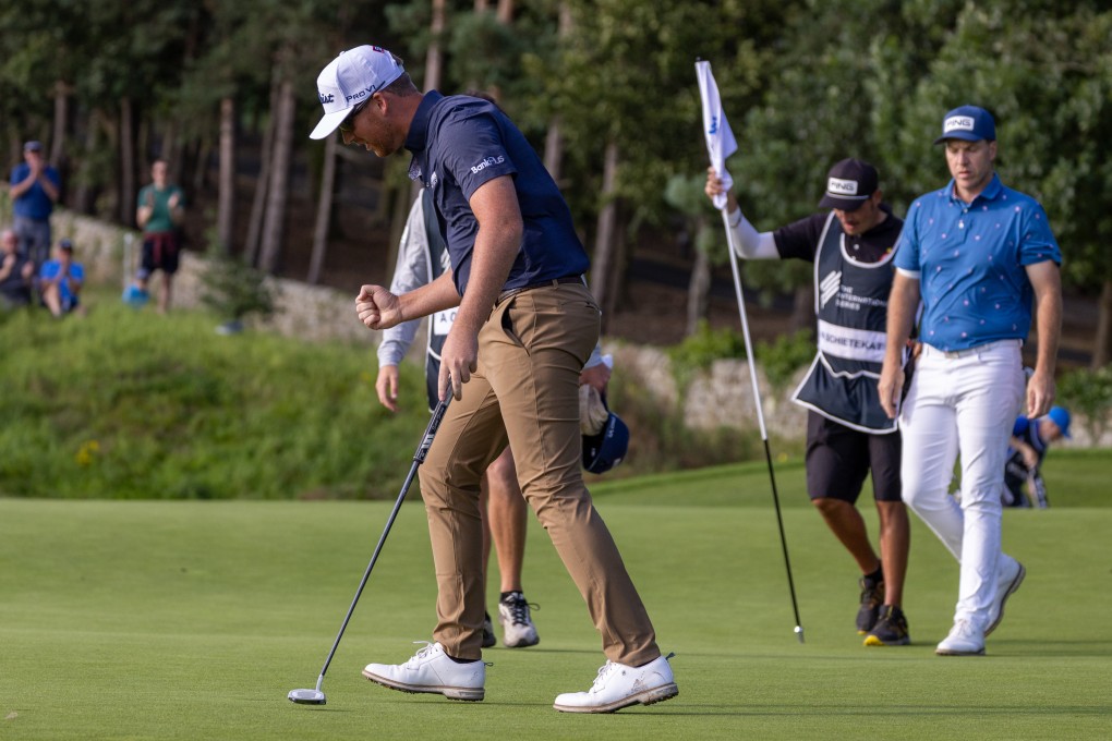 Andy Ogletree pumps his fist in celebration after winning the International Series England. Photo: Asian Tour