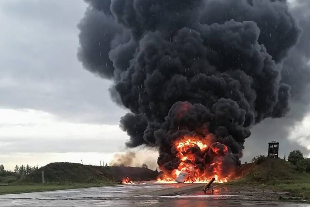 A Russian Tu-22M bomber ablaze on the Soltsy air base in the Novgorod region in northwestern Russia. Photo: AP