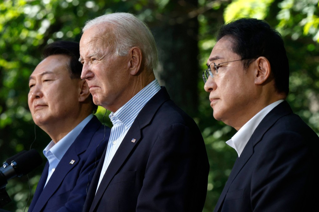 South Korean President Yoon Suk Yeol, US President Joe Biden and Japanese Prime Minister Fumio Kishida hold a joint news conference following three-way talks at Camp David on August 18, 2023. The leaders discussed moving forward in “lockstep” on issues related to military cooperation, international politics, countering China and North Korea and other topics.  Photo: AFP