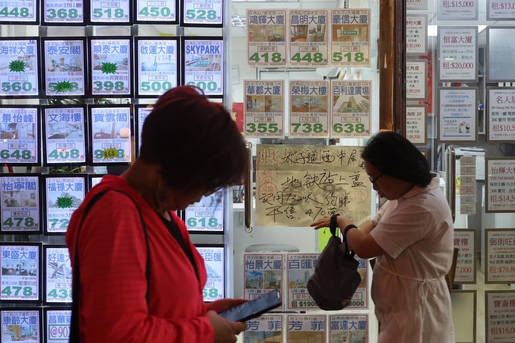 People pass by property advertisements displayed in Mong Kok on July 7, 2023. Photo: Edmond So
