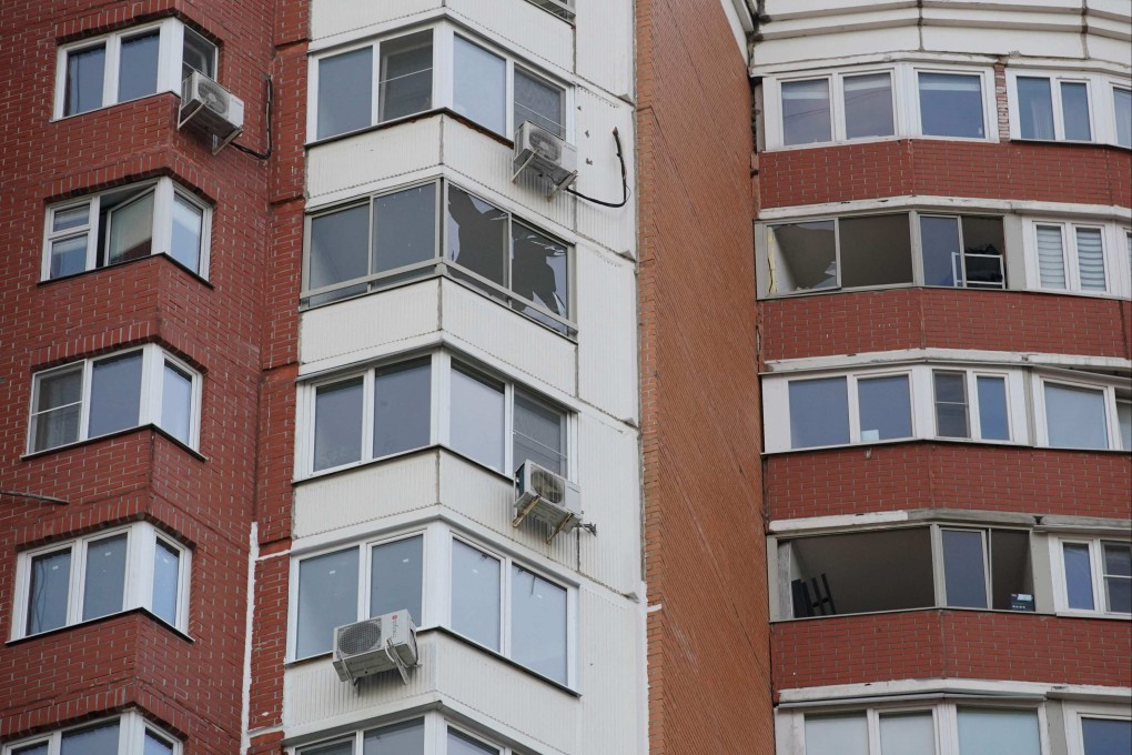 A damaged residential building following a drone attack in Krasnogorsk, in the Moscow region. Photo: AFP
