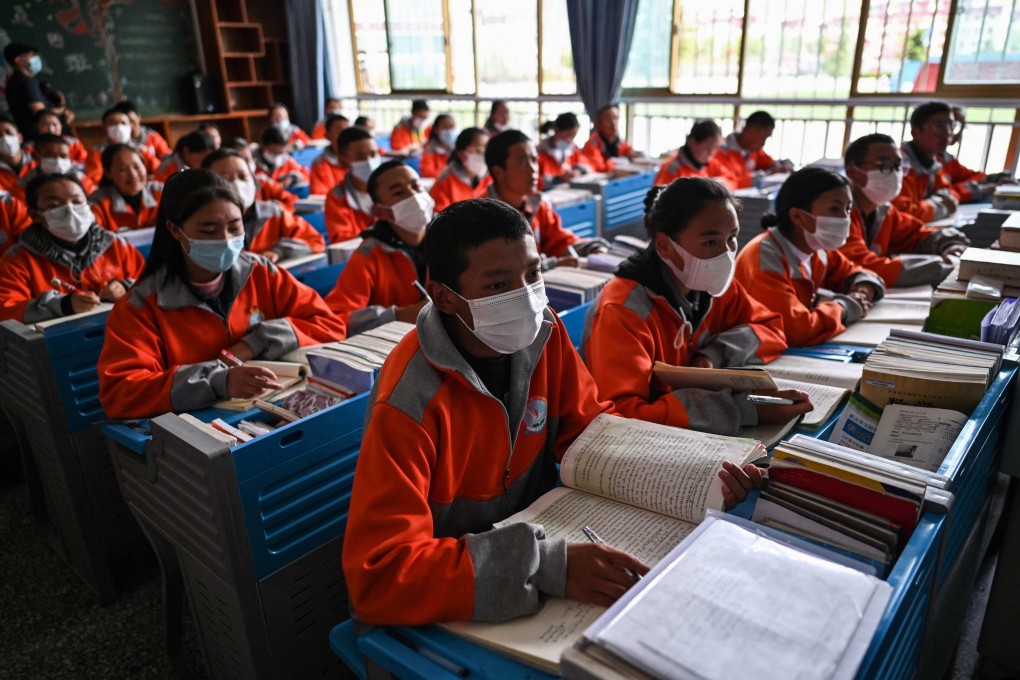 A photograph taken during a government organised media tour shows students in a classroom at the Lhasa Nagqu Second Senior High School in China’s Tibet Autonomous Region in June 2021. Photo: AFP
