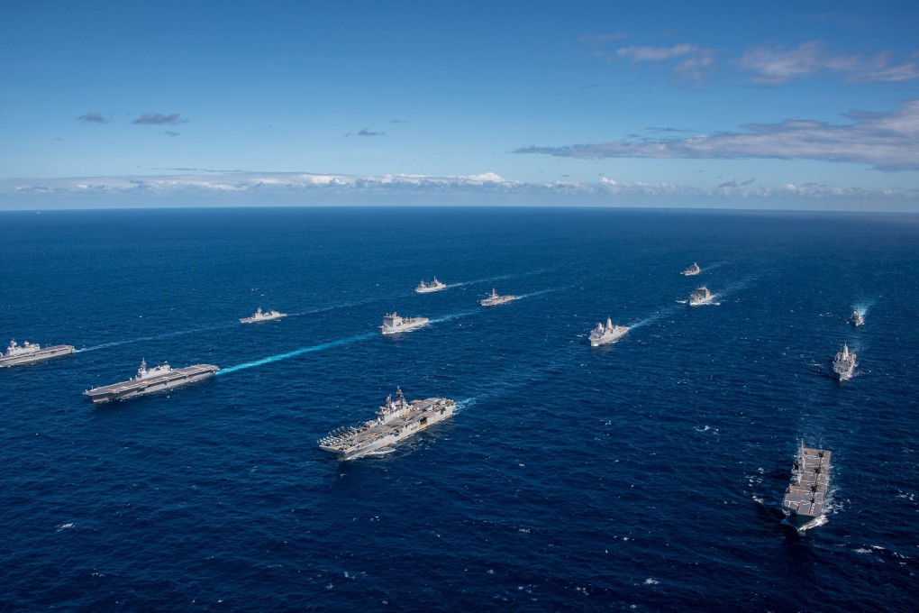US, Australian, Japanese and South Korean warships take part in joint drills in the Pacific Ocean last month. Analysts say this week’s US-Japan-Australia exercises off the Philippines are a result of “China’s bad behaviour at sea”. Photo: US Navy/Handout