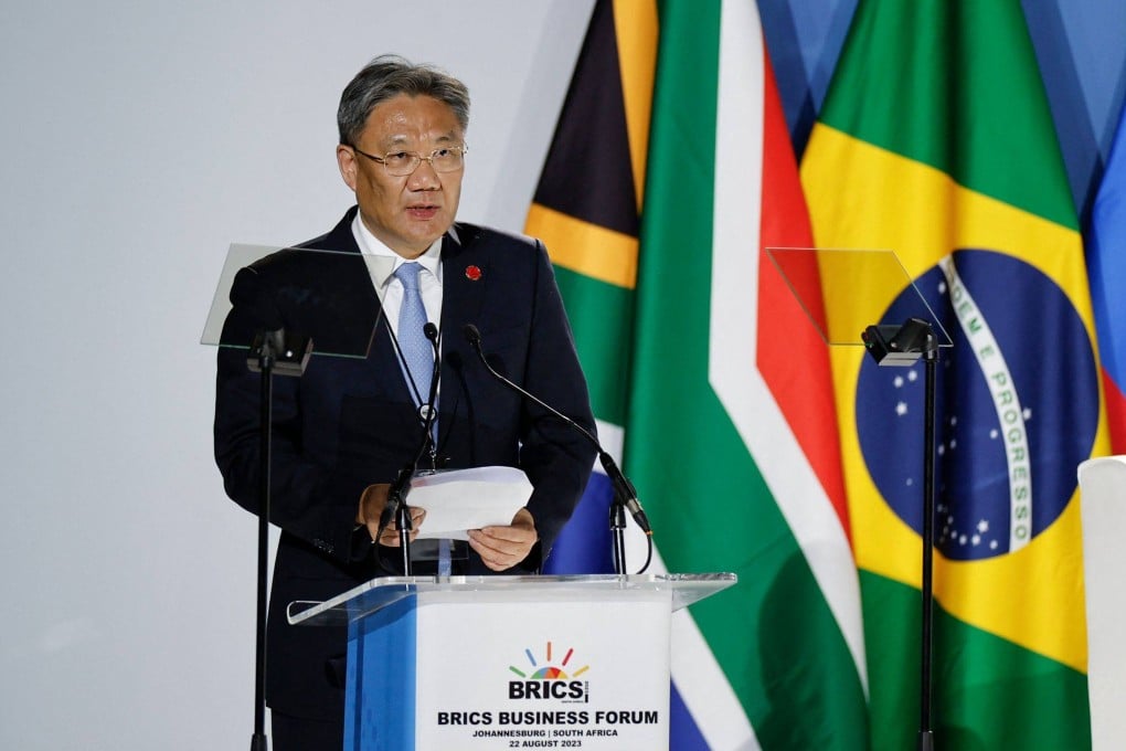 Chinese Commerce Minister Wang Wentao delivers President Xi Jinping’s remarks during the Brics summit on Tuesday. Photo: AFP
