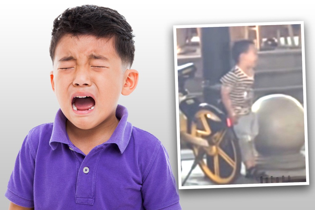 A couple in China were filmed tying their young son to a food court pillar to stop him from running around and making noise while they ate. Photo: SCMP composite/Weibo