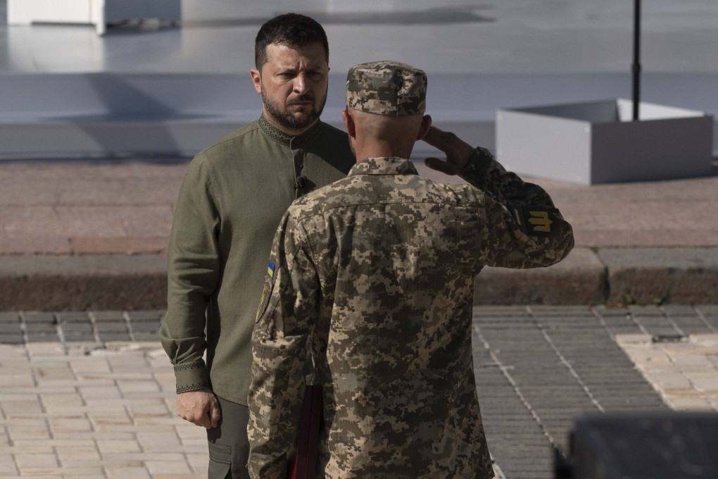 Volodymyr Zelensky, Ukraine’s president, receives a salute from a soldier during an official celebration in Kyiv on Thursday of Ukraine’s 32nd Independence Day. Photo: Bloomberg