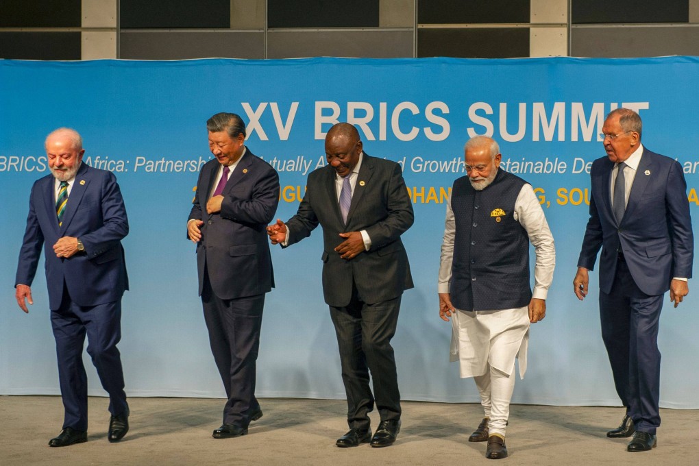 From left, Brazilian President Luiz Inacio Lula da Silva, Chinese leader Xi Jinping, South African President Cyril Ramaphosa, Indian Prime Minister Narendra Modi and Russian Foreign Minister Sergei Lavrov at seen at a group photo at the Brics summit. Photo: AFP