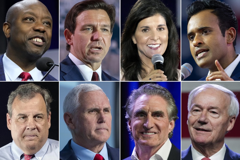 Candidates taking part in Wednesday’s Republican presidential debate included, clockwise from top left, US Senator Tim Scott of South Carolina; Florida Governor Ron DeSantis; former US ambassador to the UN Nikki Haley; Vivek Ramaswamy, a tech entrepreneur; former Arkansas governor Asa Hutchinson, North Dakota Governor Doug Burgum,    former US vice-president Mike Pence and former New Jersey governor Chris Christie. Photos: AP