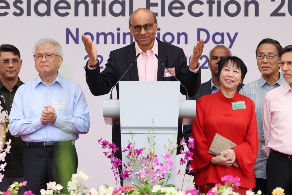 Tharman Shanmugaratnam (centre) is a former cabinet minister and the front runner to become Singapore’s next president on Friday. Photo: EPA-EFE