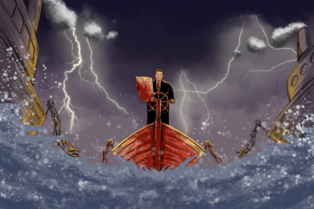 Xi Jinping vowed to navigate China through the risks ahead after being handed a norm-breaking third term as president in March, but is now facing increased competition with the US and a struggling economy at home. Illustration: Lau Ka-kuen