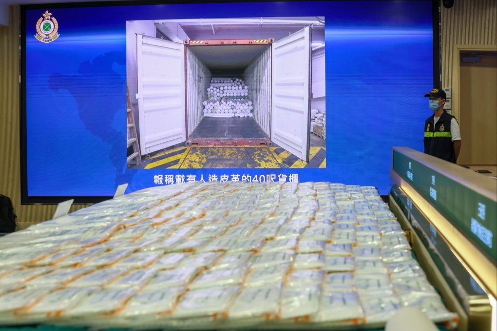 Customs officers say they confiscated 240kg of crystal meth, which was concealed in synthetic leather rolls. Photo: Dickson Lee