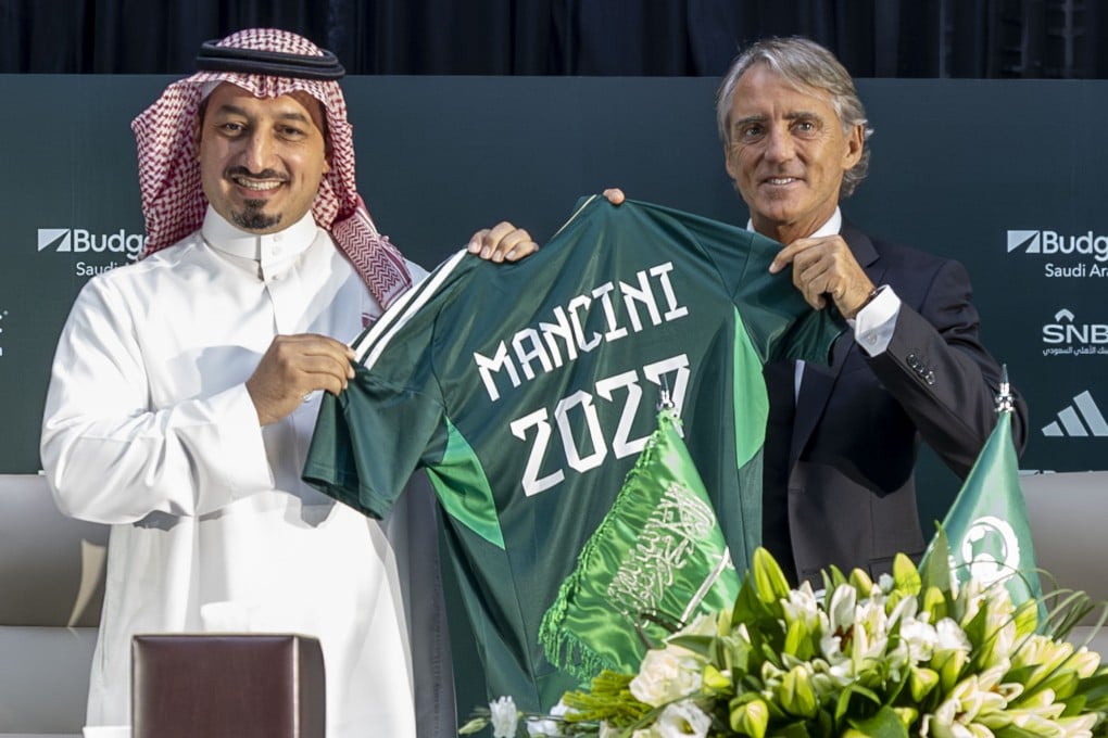 New Saudi Arabia boss Roberto Mancini (right) flanked by Saudi Arabian Football Federation President Yasser Al Misehal at a press conference in Riyadh. Photo: Handout