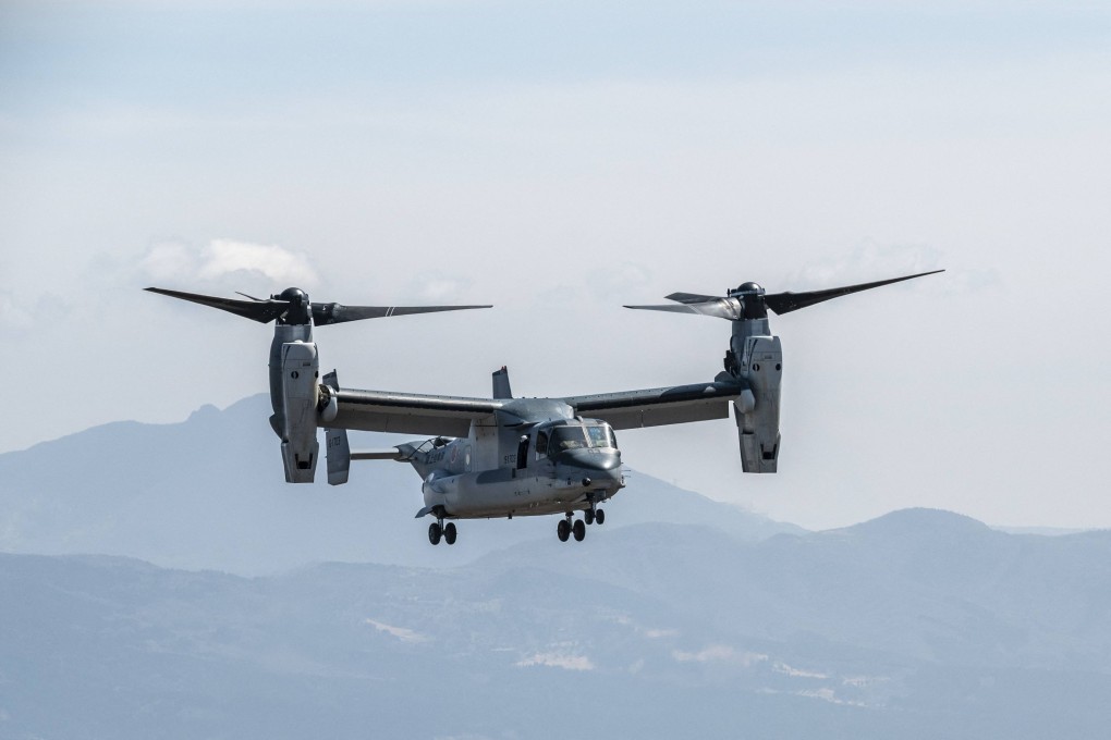 A Japanese Self-Defence Force MV-22 Osprey tilt-rotor aircraft lands during a drill in Gotemba, Shizuoka prefecture, in March last year. Photo: AFP