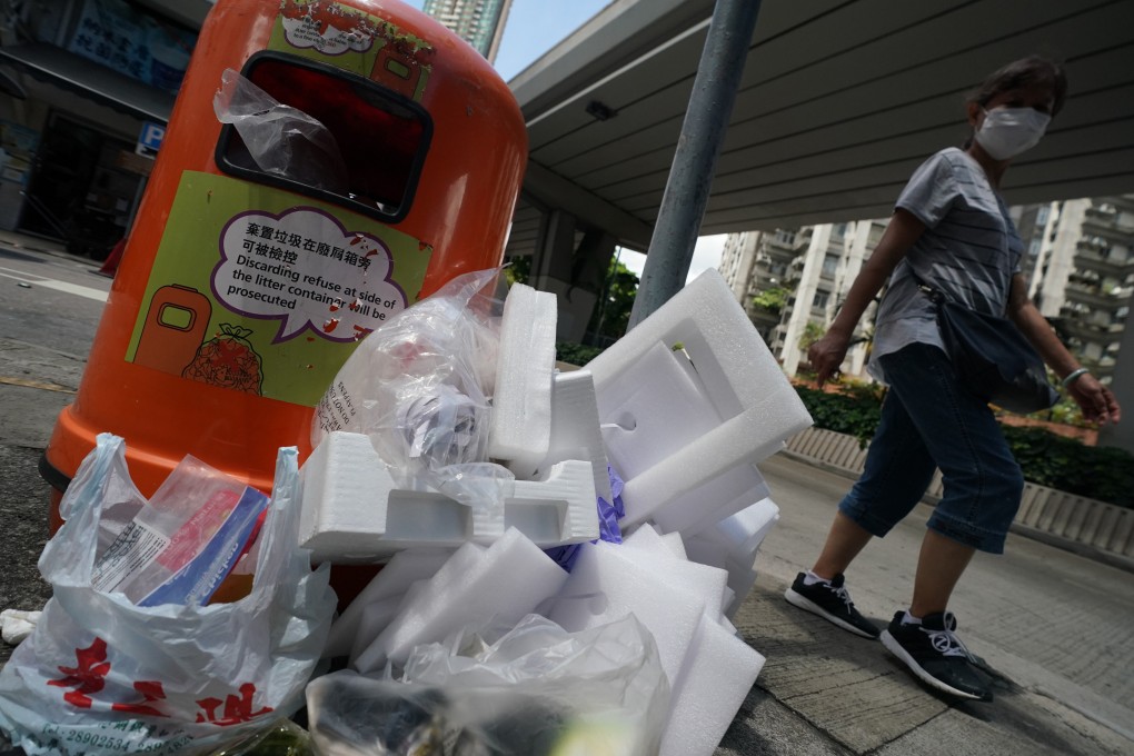 Waste piled next to public rubbish bins may become an even more common sight in 2024 when Hong Kong’s  Municipal Solid Waste Charging Ordinance takes effect. Photo: Felix Wong