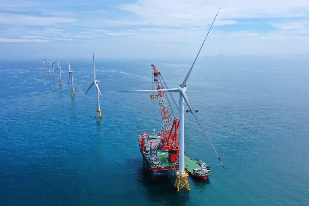 An aerial photo taken on June 28, 2023, shows a 16-megawatt wind turbine installed at the Fujian offshore wind farm off the coast of southeast China’s Fujian Province. Photo: Xinhua
