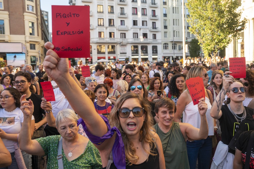 People protest in Madrid on Monday following a kiss between Royal Spanish Football Federation President Luis Rubiales and Spain’s Jennifer Hermoso after the Women’s World Cup Final. Photo: AP