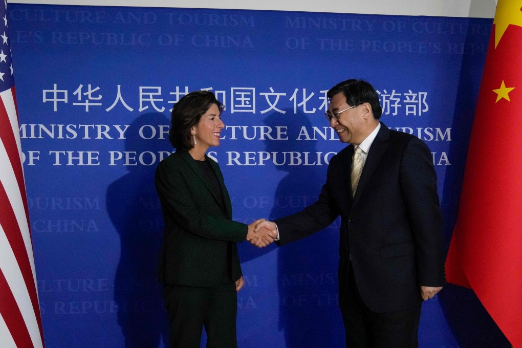 US Commerce Secretary Gina Raimondo with Chinese Minister of Culture and Tourism Hu Heping before their meeting in Beijing on Tuesday. Photo: AFP