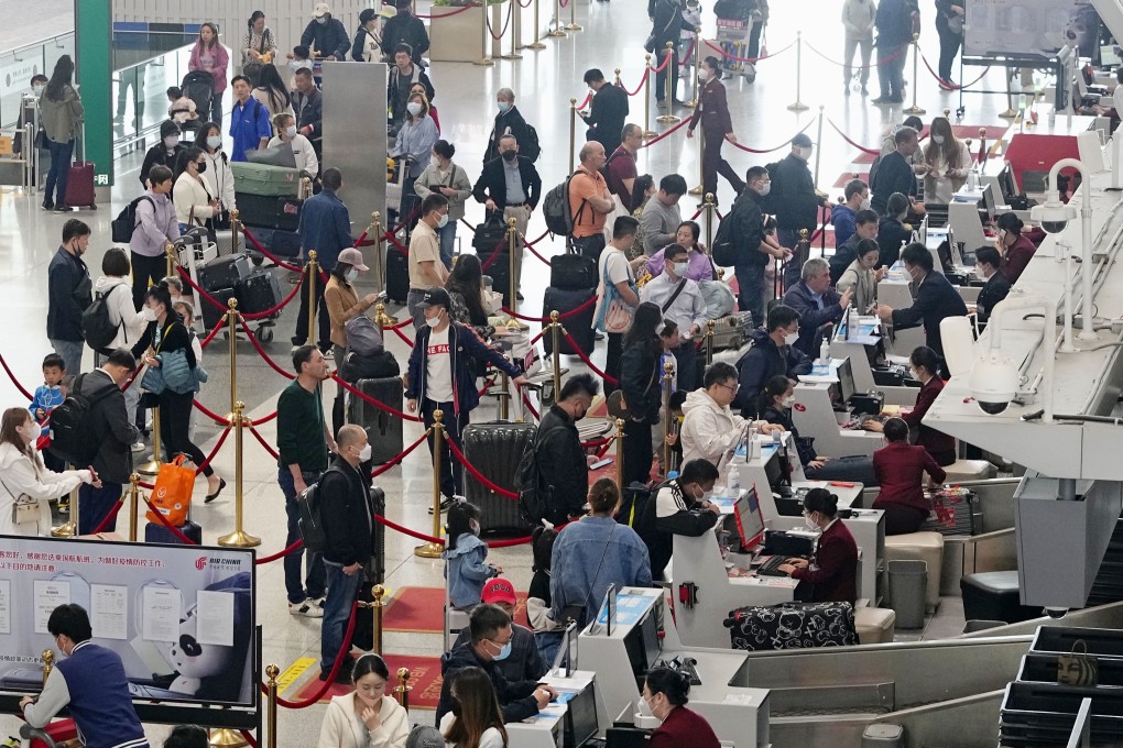 The departure lobby of Beijing Capital International Airport is crowded with travellers on April 29, 2023, at the start of the five-day May Day holiday. Photo: Kyodo