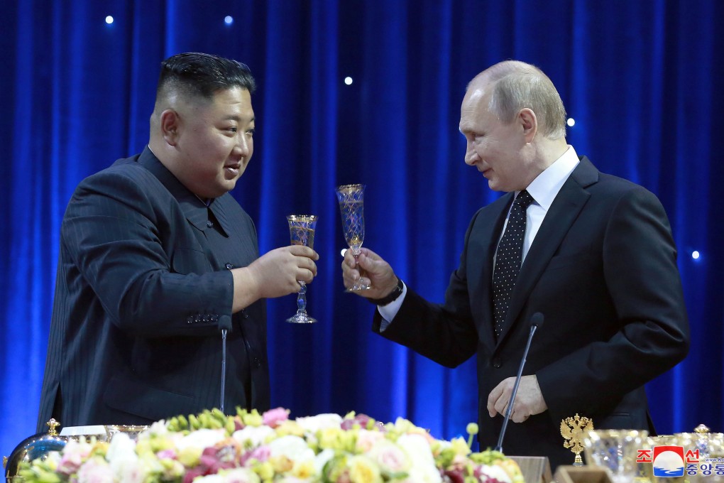 North Korean leader Kim Jong-un and Russian President Vladimir Putin attend an official reception following their talks in Vladivostok, Russia in April 2019. Photo: KCNA via Reuters