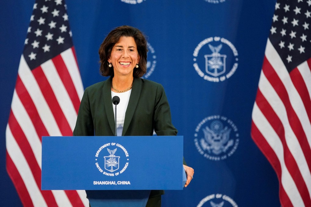 Gina Raimondo attends a press conference at the Boeing Shanghai Aviation Services near the Shanghai Pudong International Airport on Wednesday. The US commerce secretary called for further engagement with Beijing following her China visit. Photo: Reuters