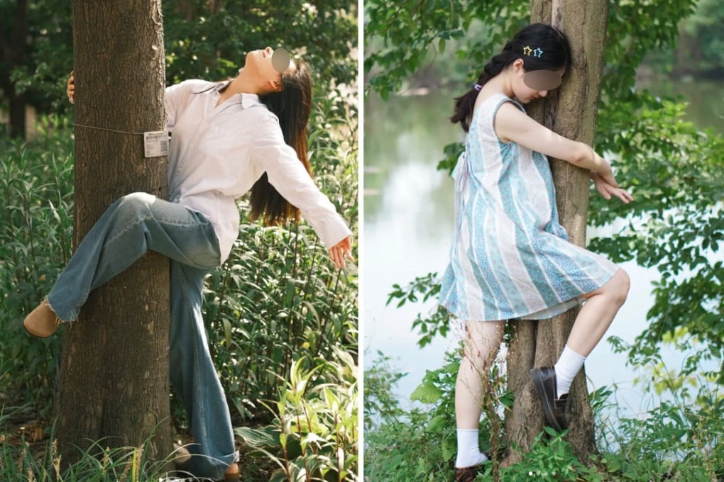 A strange new craze is sweeping cities across China after first emerging in Shanghai ... hugging trees to relieve stress and anxiety. Photo: SCMP composite/Xiaohongshu
