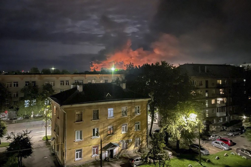 Smoke billows after the Russian military destroyed drones in Pskov, Russia, after an attack on the local airport on Wednesday. Photo: Governor of Pskov region via EPA-EFE