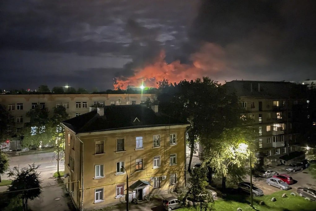Smoke billows after the Russian military destroyed drones in Pskov, Russia, after an attack on the local airport on Wednesday. Photo: Governor of Pskov region via EPA-EFE