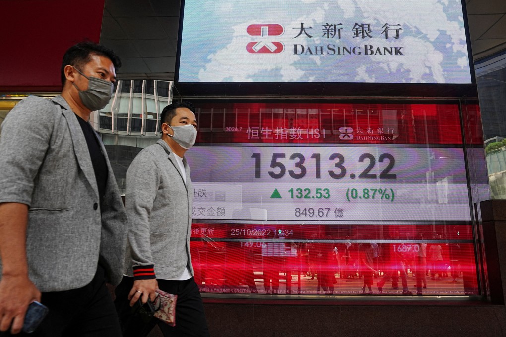 People pass a screen displaying the Hang Seng stock index in Hong Kong’s Central district in October 2022. Photo: Reuters