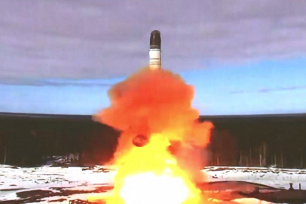 A Sarmat intercontinental ballistic missile is launched at Plesetsk testing field in Russia in April 2022. Photo: Russian Defence Ministry via AFP