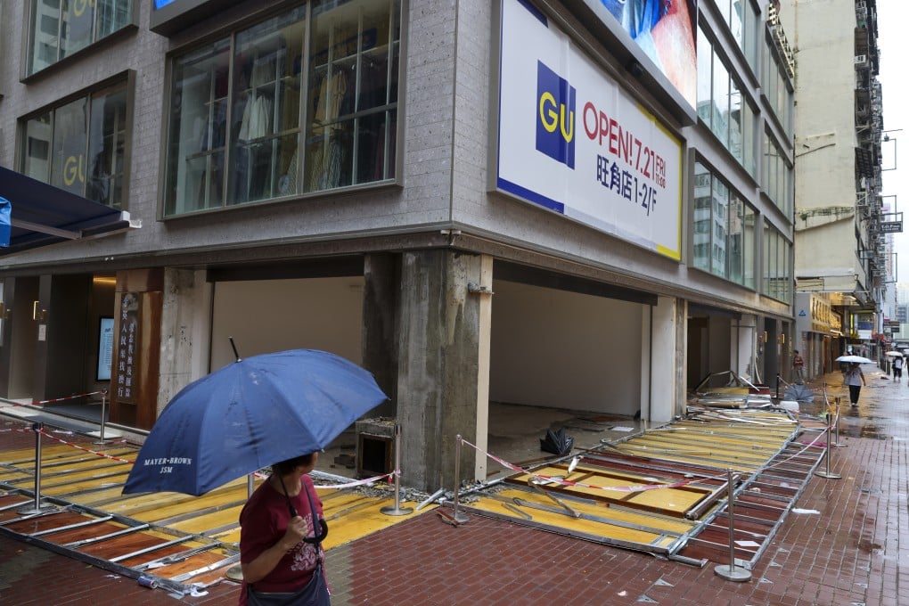 Collapsed hoarding is seen at a shop for rent in Mong Kok, in the aftermath of super typhoon Saola on September 2. The typhoon is just the latest challenge to Hong Kong’s recovery. Photo: Yik Yeung-man