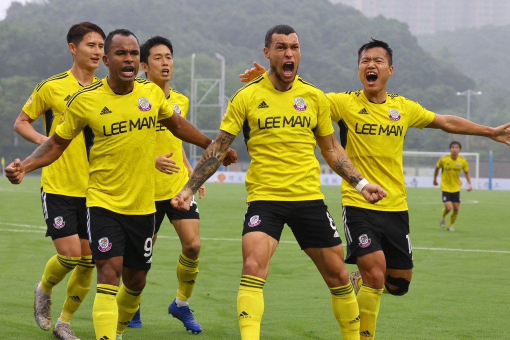 Lee Man striker Everton Camargo celebrates scoring against Sham Shui Po in the Hong Kong Premier League. Photo: Dickson Lee