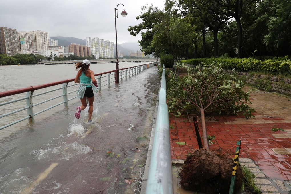 A jogger braves breached banks along Shing Mun River in Sha Tin in the wake of Typhoon Saola. Photo: Sam Tsang
