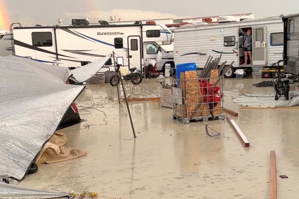 Heavy rain has turned the Burning Man festival in Black Rock, Nevada into a mud bath. Photo: Reuters