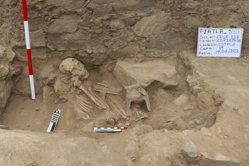 Human remains found by Peruvian and Japanese archaeologists in a pre-Hispanic site at the Jequetepeque Valley in Cajamarca, Peru. Photo: Peruvian Ministry of Culture/AFP