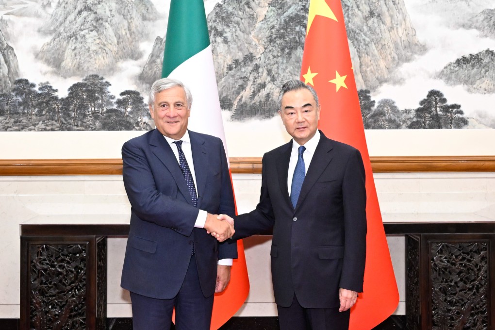 Italian Foreign Minister Antonio Tajani (left) and his Chinese counterpart Wang Yi in Beijing on Monday. Photo: Xinhua