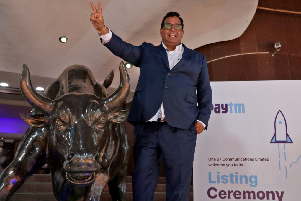 Paytm founder and CEO Vijay Shekhar Sharma poses for a photo after the company’s IPO listing ceremony at the Bombay Stock Exchange in November 2021. Photo: Reuters