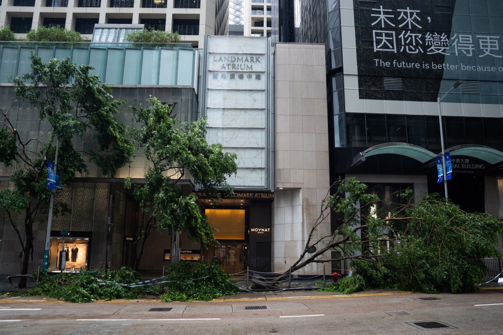 Trees brought down by Typhoon Saola on a road are seen in Central on Saturday. Photo: EPA-EFE