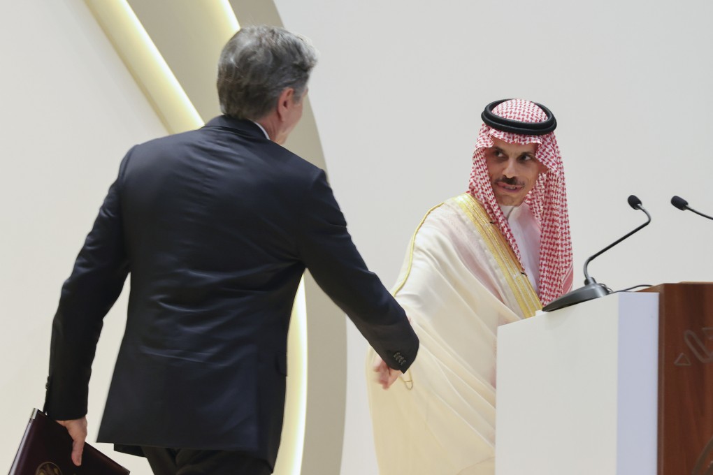 US Secretary of State Antony Blinken (left) shakes hands with Saudi Arabia’s Foreign Minister Prince Faisal bin Farhan during a joint news conference in Riyadh, Saudi Arabia, on June 8. The addition of Saudi Arabia and the UAE brings huge amounts of oil wealth and influence to the Brics grouping but, given their close ties with the United States, also potential complications to diminish the global role of the US and the West. Photo: AP