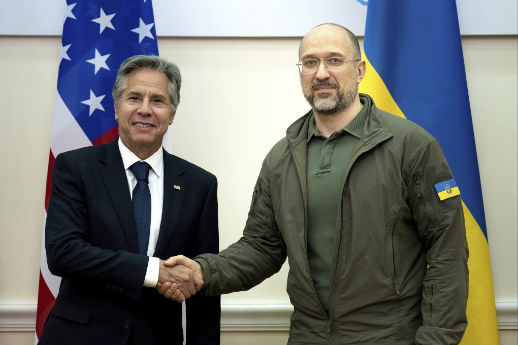 US Secretary of State Antony Blinken, left, shakes hands with Ukraine’s Prime Minister Denys Shmyhal in Kyiv. Photo: AP