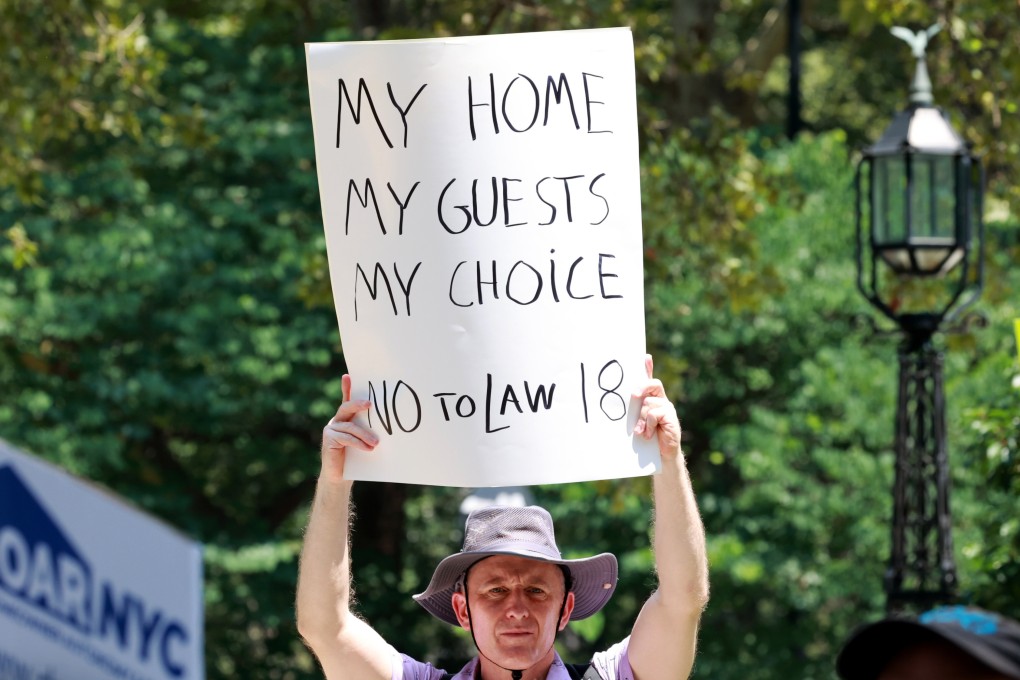 Airbnb hosts rally in New York City to speak out against short-term rental regulations on July 12, 2023. Short-term rental regulations have gone into effect in New York City, delivering a large blow to many Airbnb hosts. Photo: Getty Images