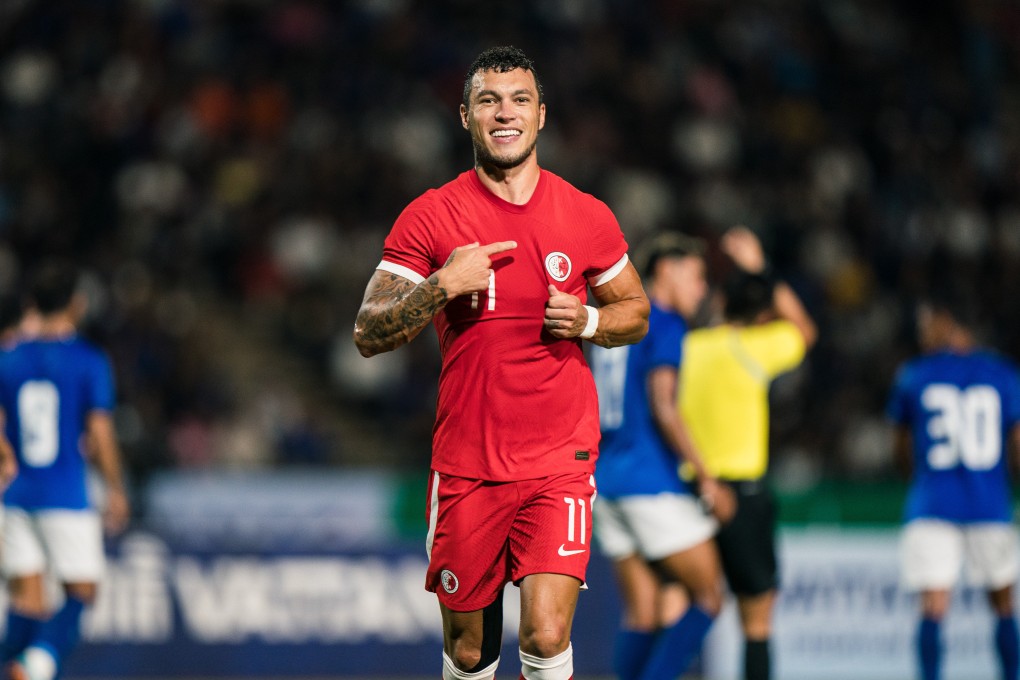 Everton Camargo enjoys the moment as his debut goal gives Hong Kong the lead in Phnom Penh. Photo: HKFA