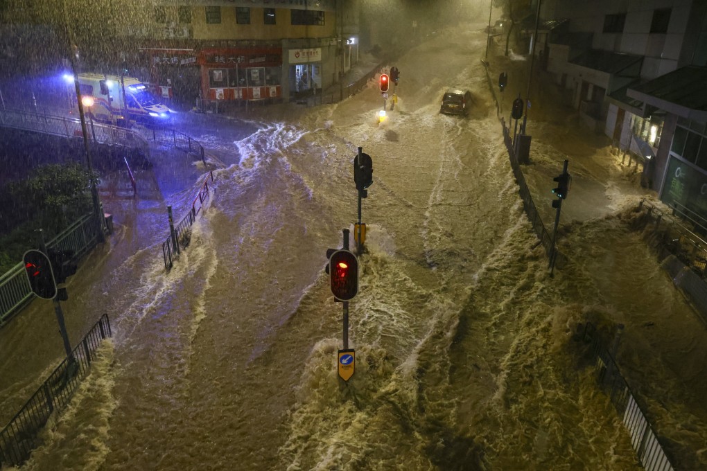 Flooding in Chai Wan on Hong Kong Island, after the Observatory issued its Black Rainstorm Warning on 8 September 2023. Photo: Dickson Lee