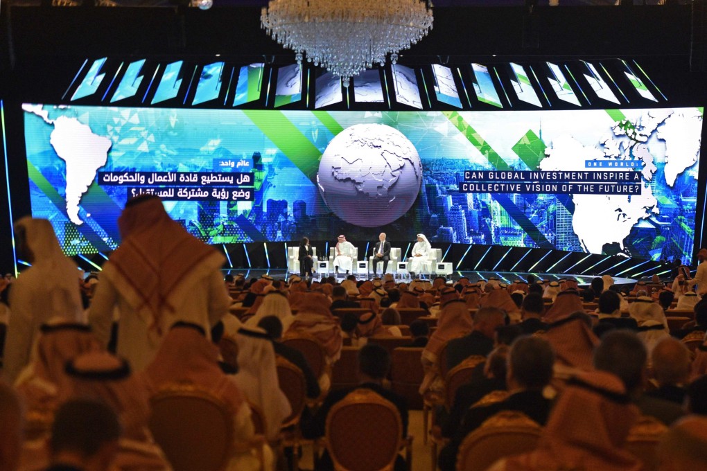 Khaldoon Khalifa al-Mubarak, managing director and CEO of Mubadala Development Company (first right) speaking during the Future Investment Initiative (FII) conference in the Saudi capital Riyadh on October 23, 2018. Photo AFP