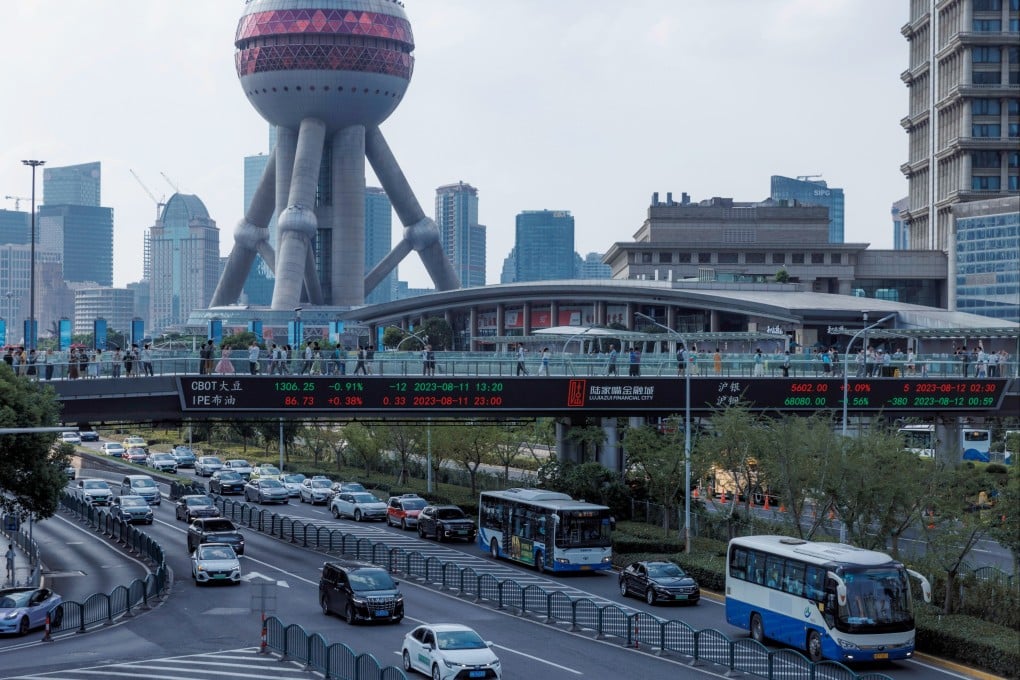 A pedestrian bridge with a screen showing stock exchange data in Shanghai. The closure of NBIM’s office comes at a time when some of the biggest money managers in the world are cutting their China exposure and downsizing local operations amid sluggish market performance and rising geopolitical tensions. Photo: EPA-EFE