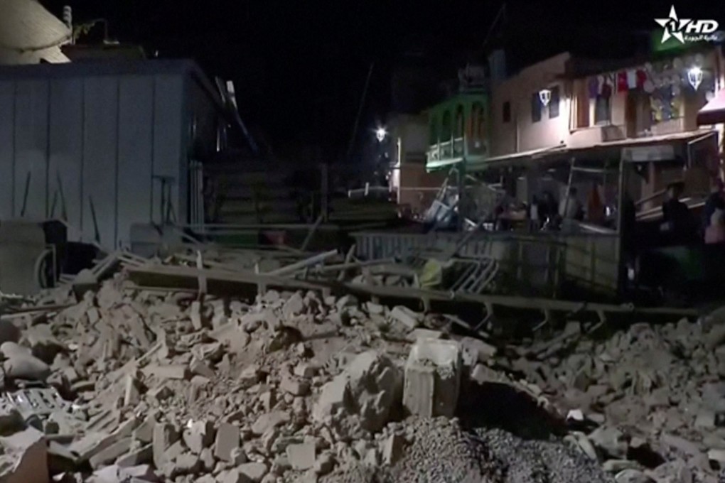 Rubble from the earthquake in Marrakech, Morocco, on Saturday. Photo: Al Oula TV/Handout via Reuters