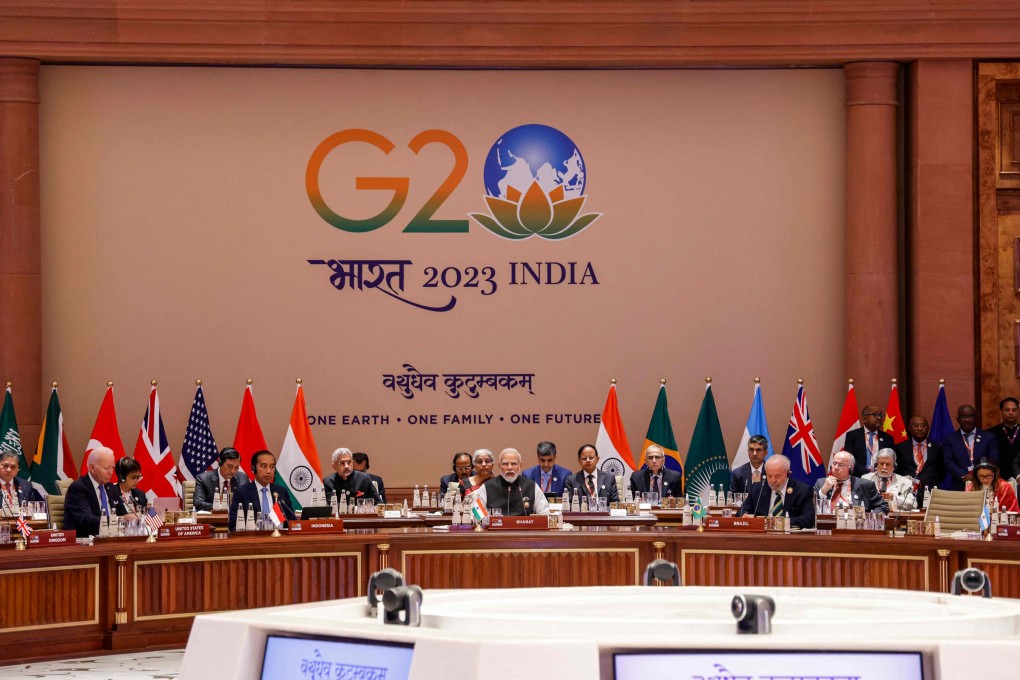 India’s Prime Minister Narendra Modi (centre) addresses the G20 Leaders’ Summit in New Delhi on Saturday. Photo: AFP