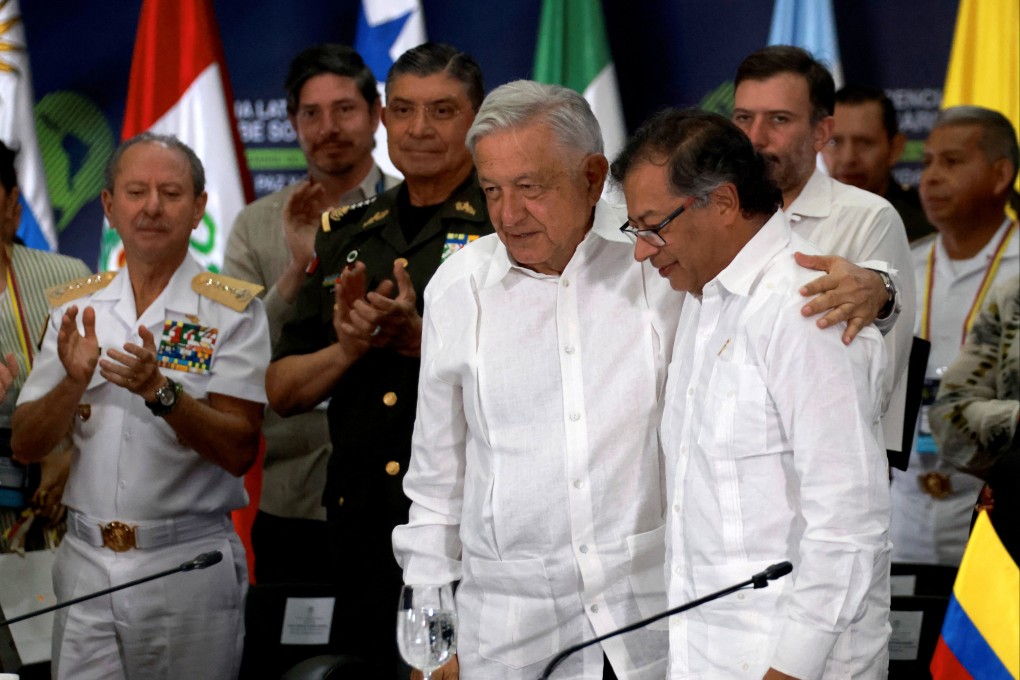 President of Colombia Gustavo Petro hugs Mexico’s President Andres Manuel Lopez Obrador at the Latin American and Caribbean Conference on Drugs. Photo: Handout/ Reuters